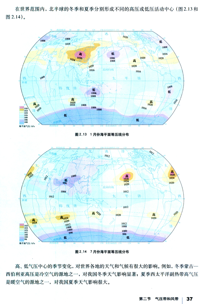 北半球冬、夏季气压中心(2)