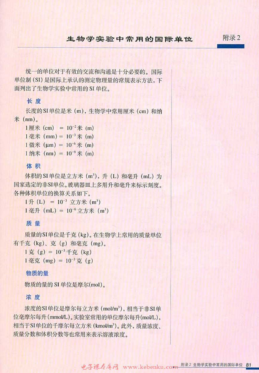 附录2 生物学实验室中常用的国际单位