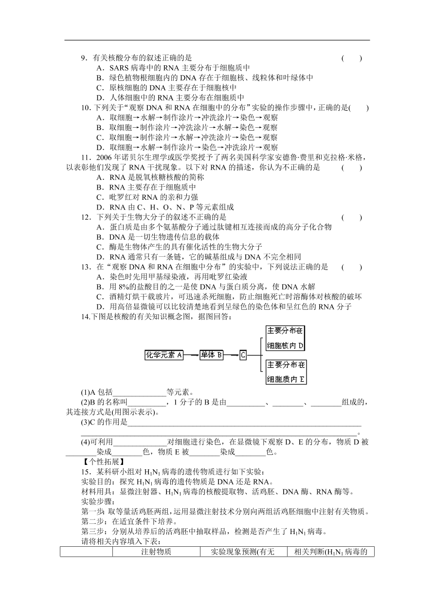 人教版高一生物上册必修1《2.3遗传信息的携带者——核酸》同步练习及答案