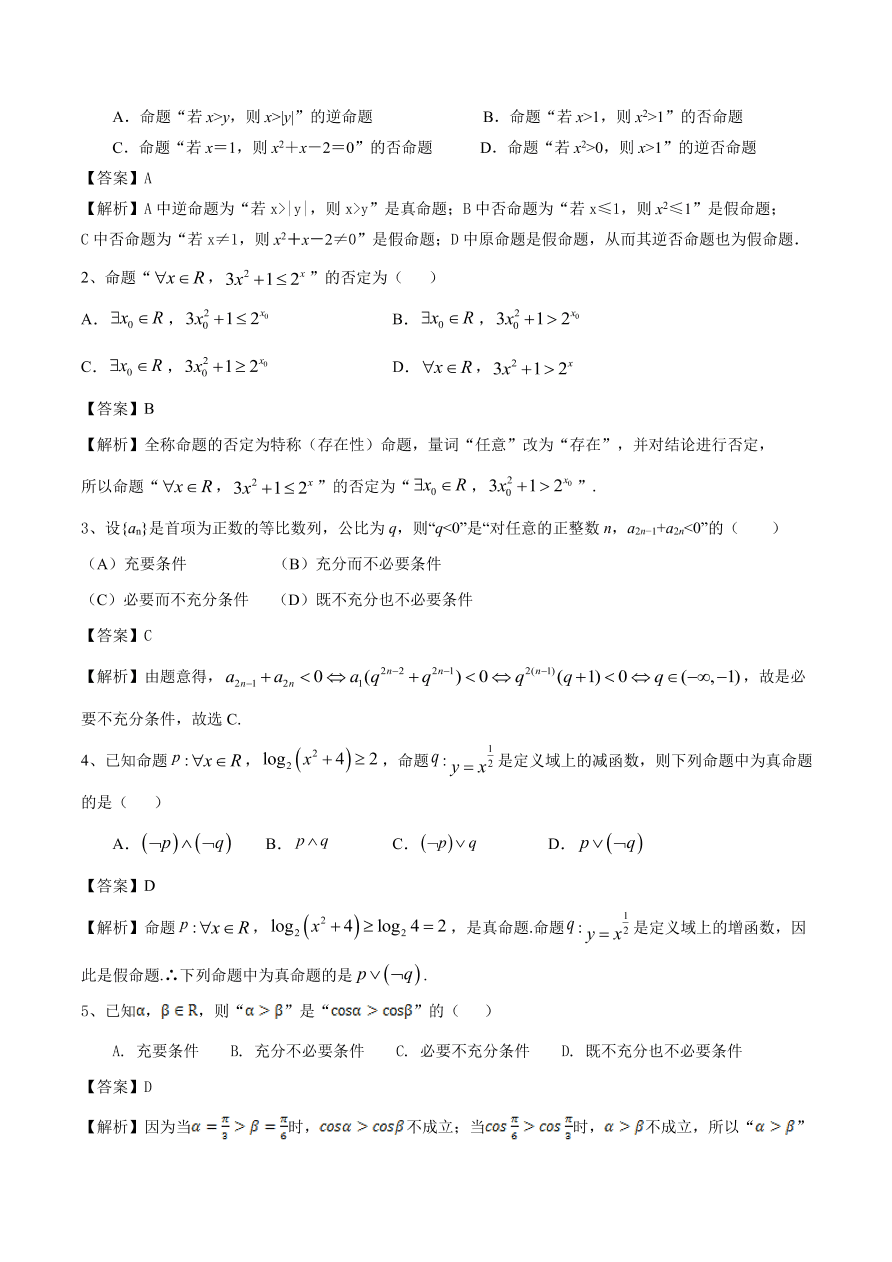 2020-2021年新高三数学一轮复习考点 常用逻辑用语（含解析）