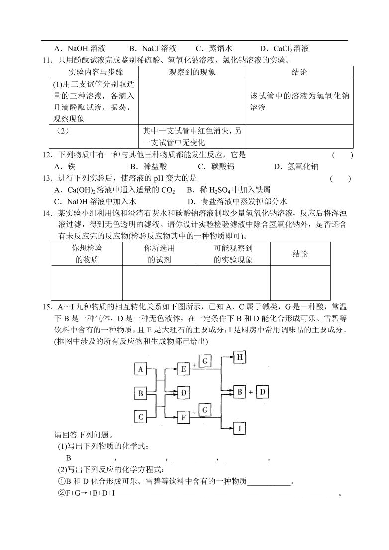 九年级化学专题复习   常见的酸和碱 练习