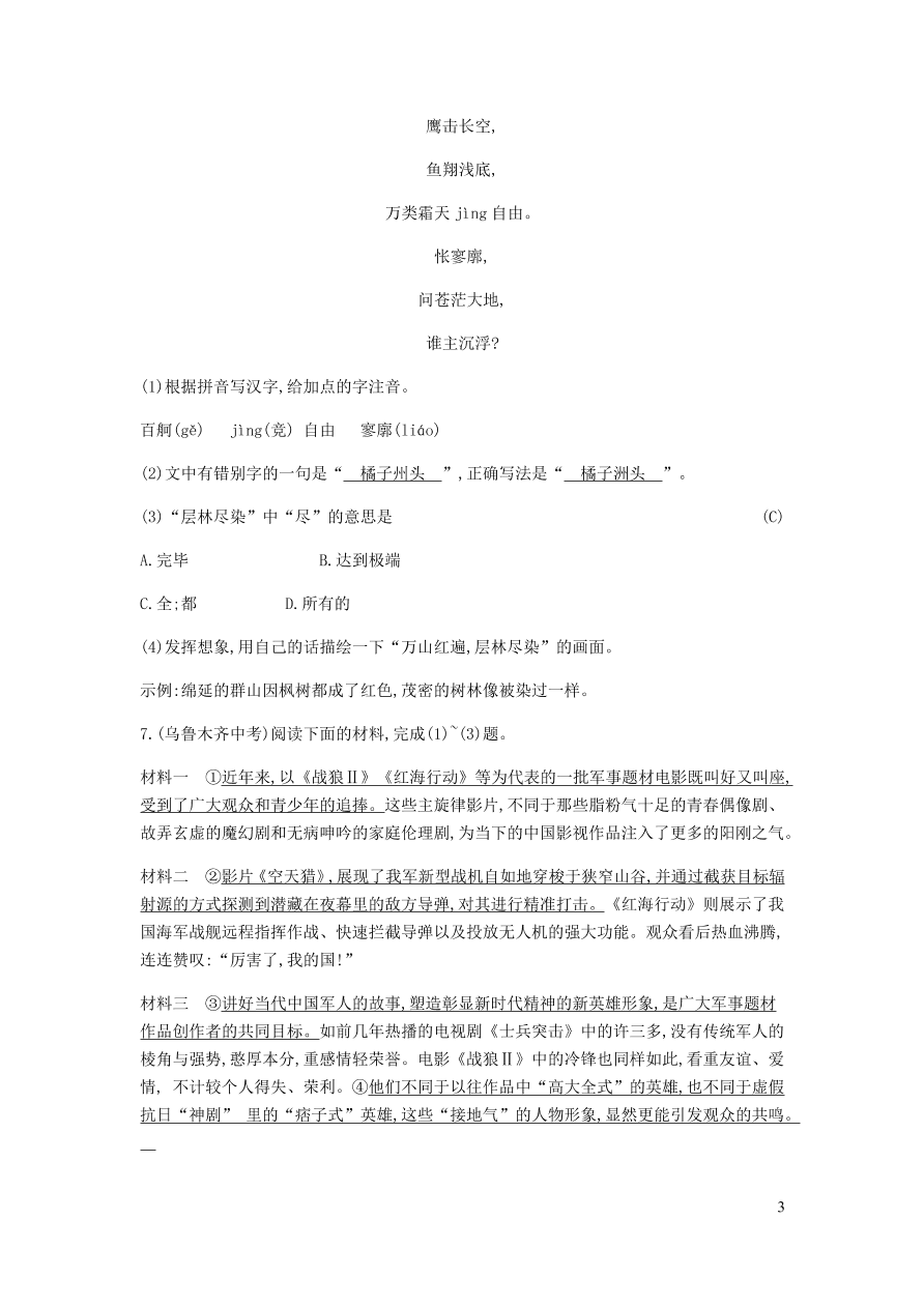 新人教版 九年级语文下册第一单元 海燕 同步练习（含答案）