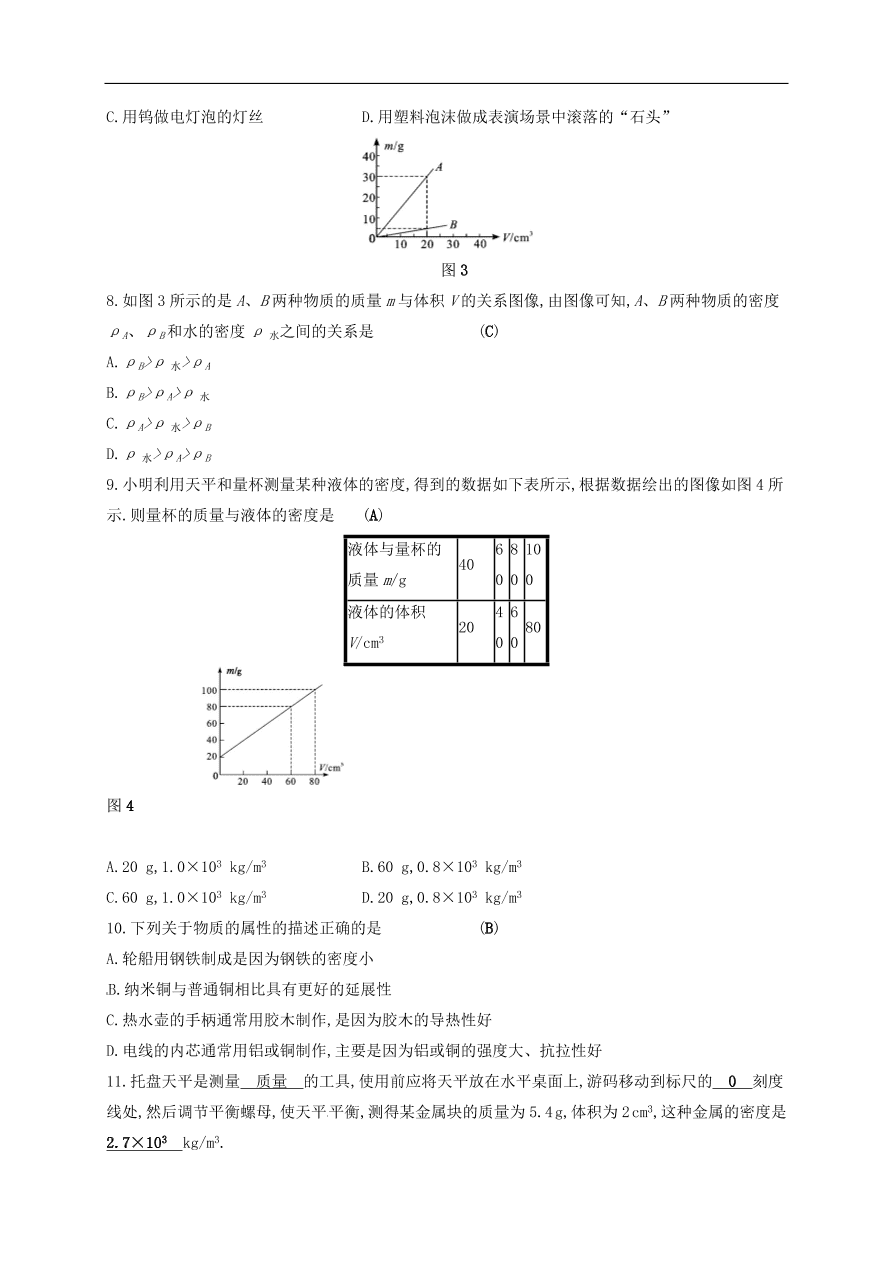  新人教版九年级中考物理  第六章 质量与密度复习测试