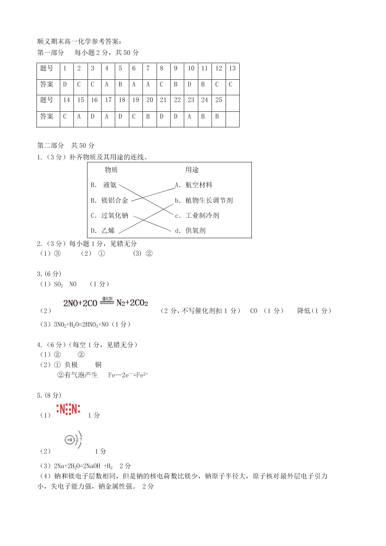 北京市顺义区2019-2020高一化学下学期期末考试试题（Word版附答案）