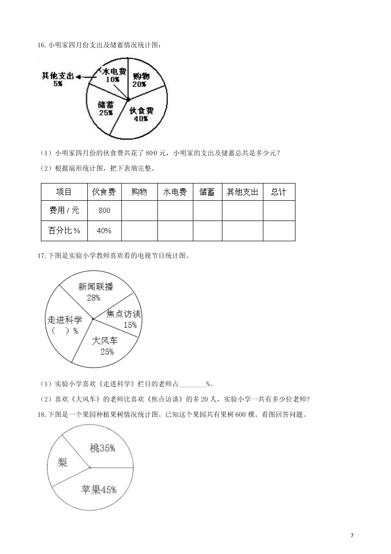 六年级数学上册专项复习七扇形统计图的应用试题（带解析新人教版）