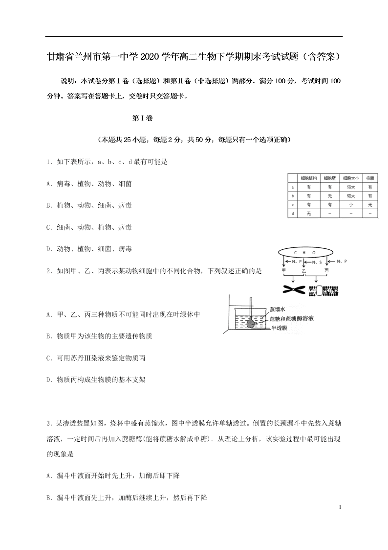 甘肃省兰州市第一中学2020学年高二生物下学期期末考试试题（含答案）