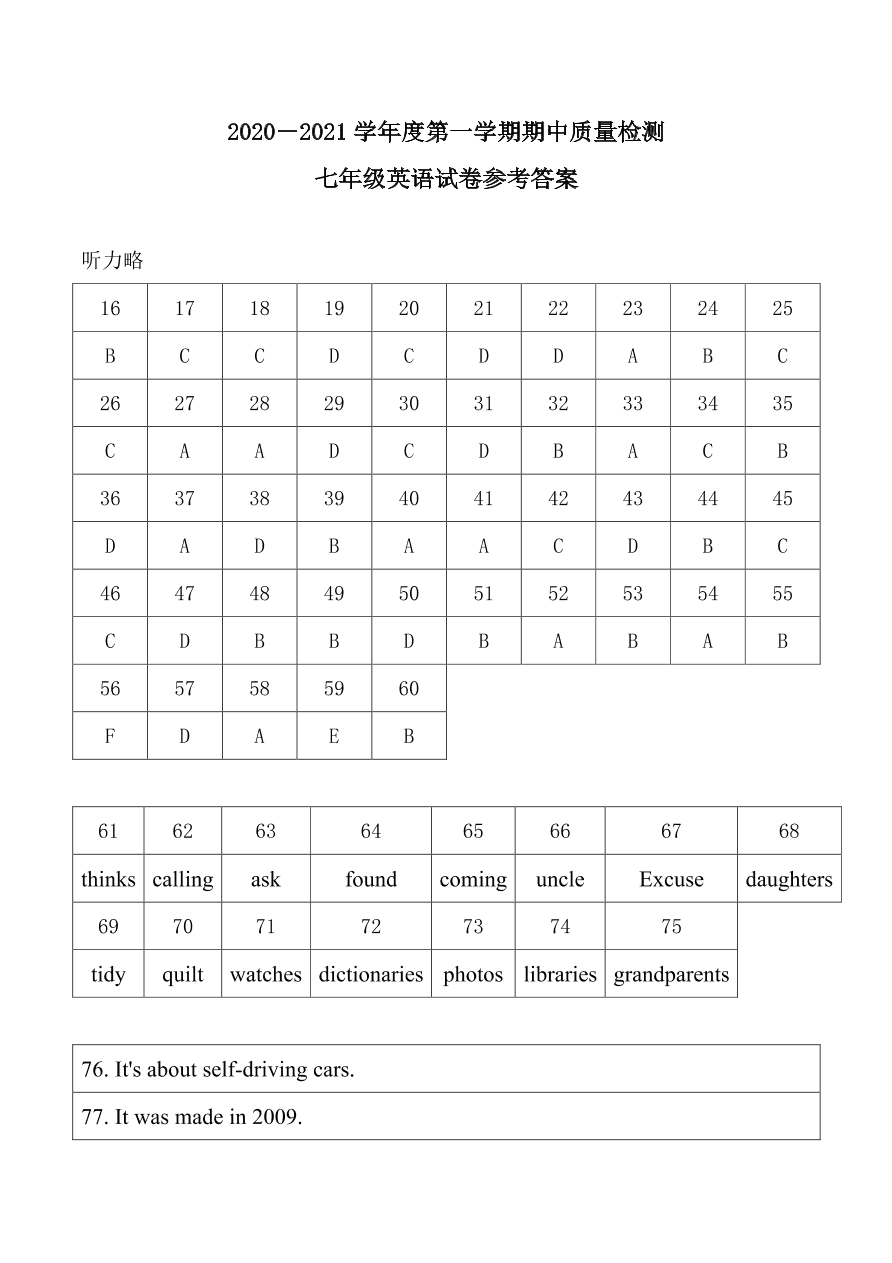 山东省青岛市局属四校2020-2021学年七年级上学期英语期中考试试题（pdf版，有答案）