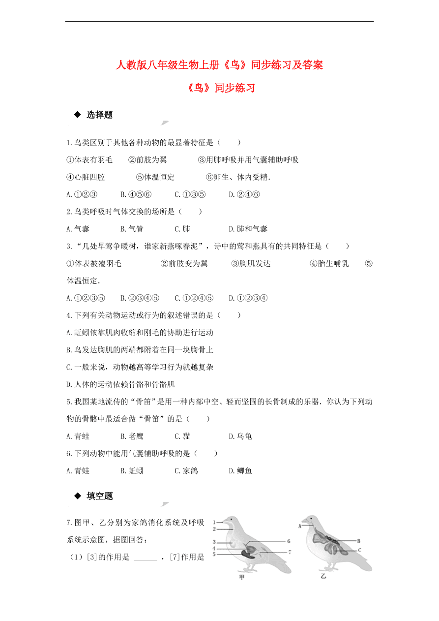 人教版八年级生物上册《鸟》同步练习及答案