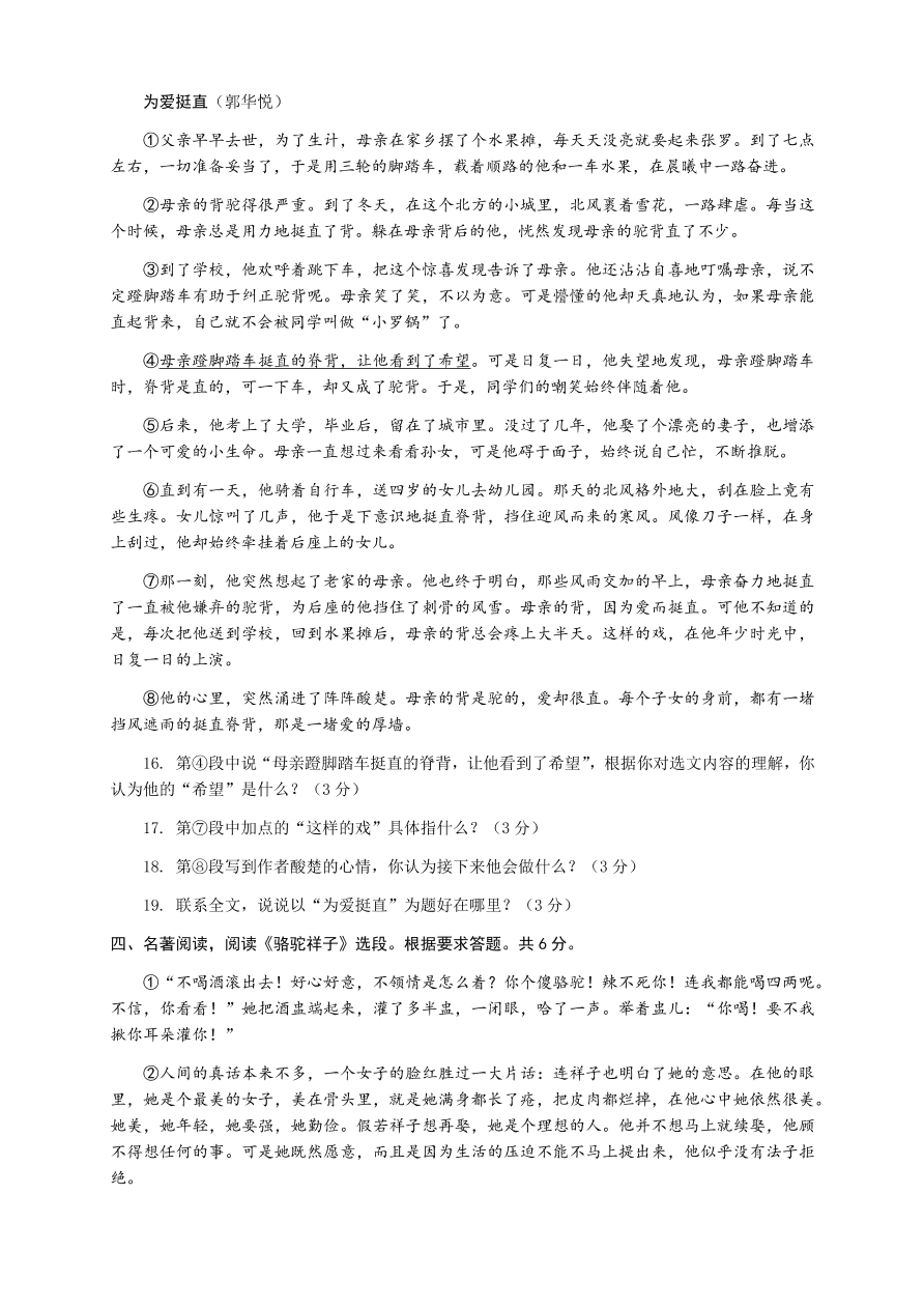 安徽省芜湖市火龙岗中学2020-2021学年七年级语文下册期中试卷