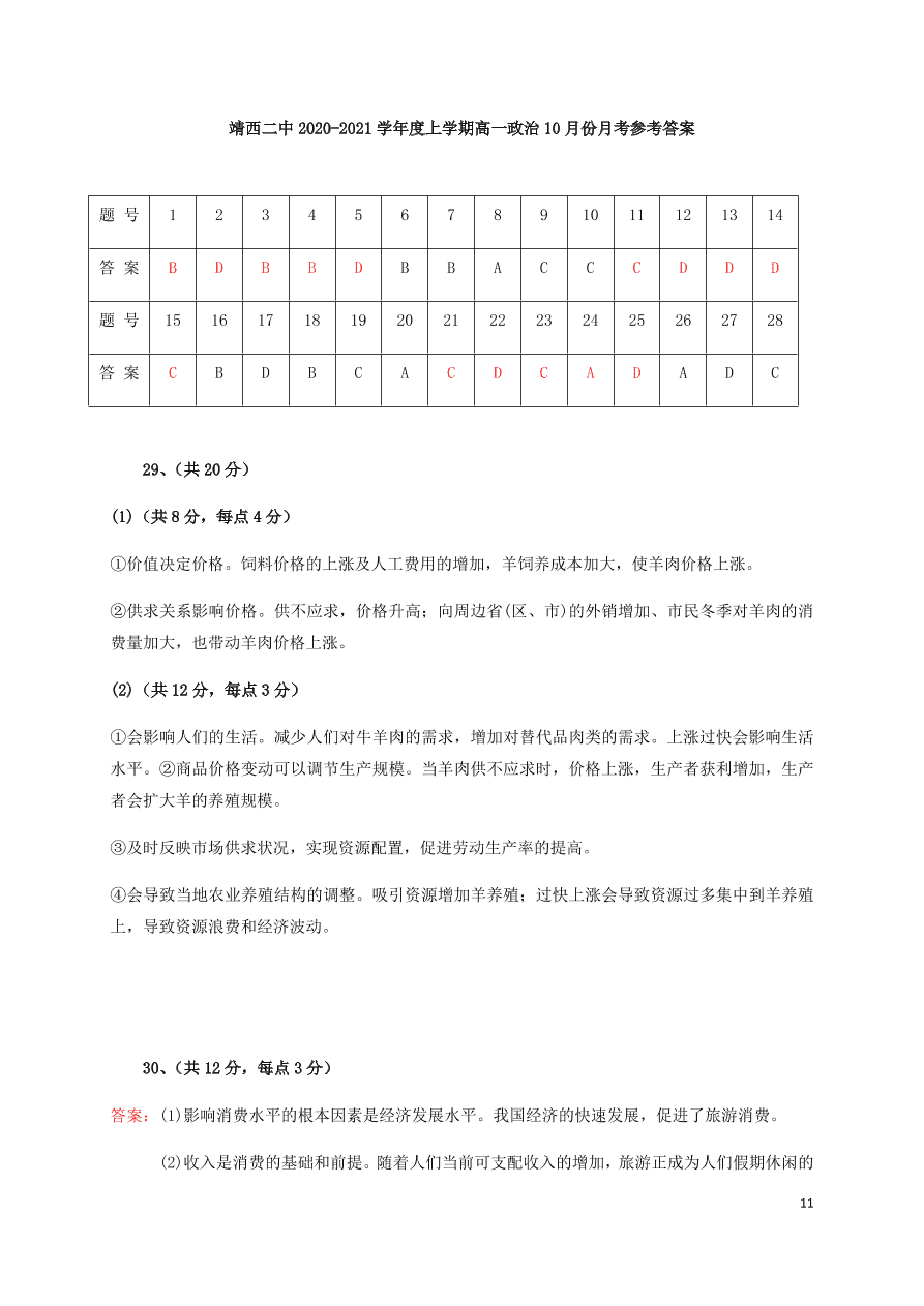 广西靖西市第二中学2020-2021学年高一政治10月月考试题