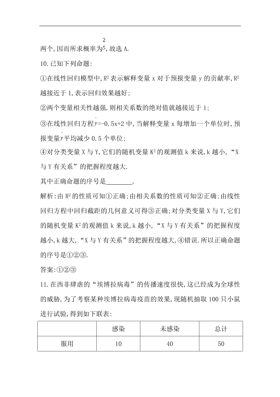 高中导与练一轮复习理科数学必修2习题 第九篇 统计与统计案例第3节 变量的相关性与统计案例 （含答案）