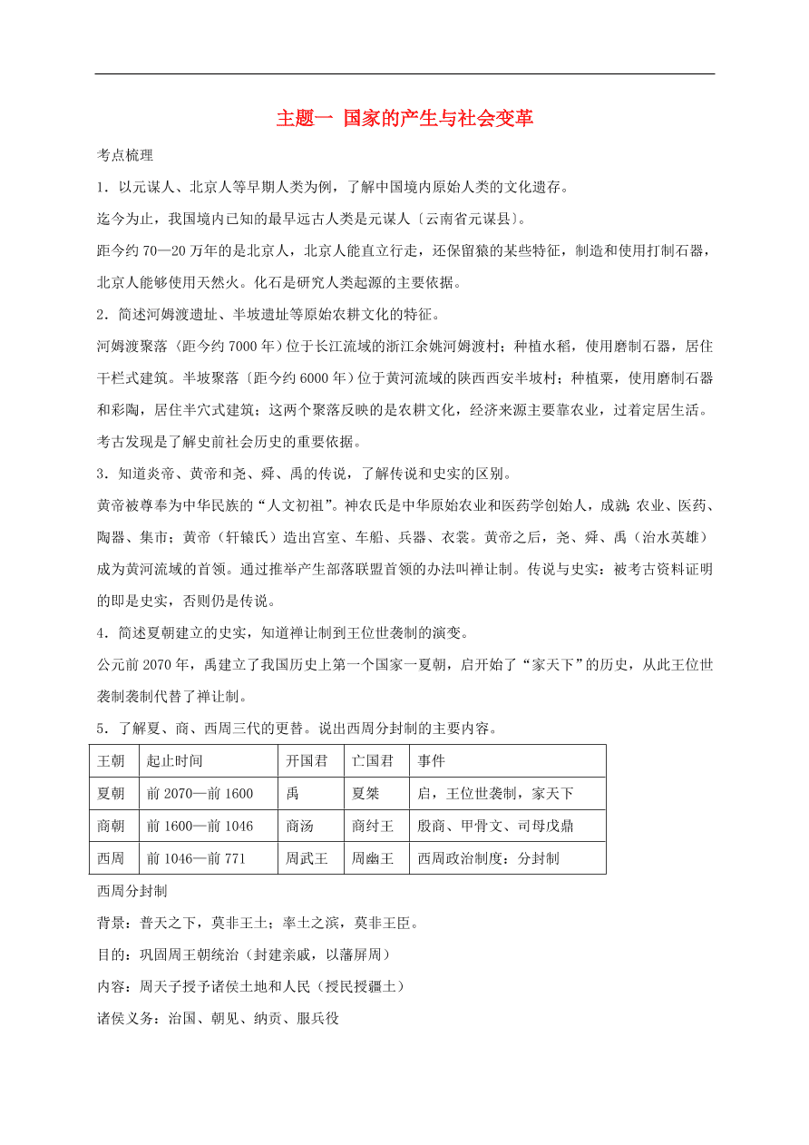 中考历史总复习第一篇章教材巩固主题一国家的产生与社会变革试题（含答案）