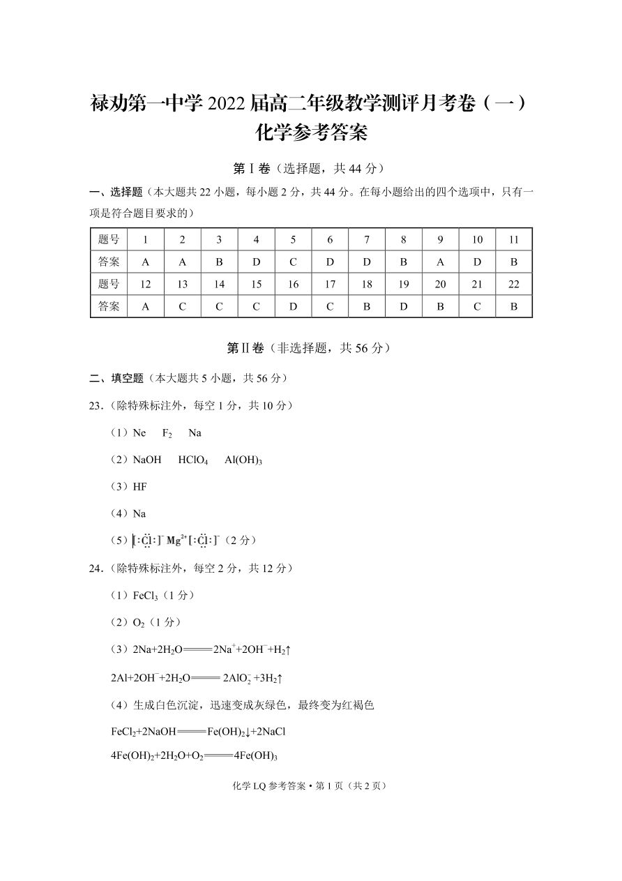 云南省禄劝彝族苗族自治县第一中学2020-2021学年高二化学上学期教学测评月考试题（pdf）