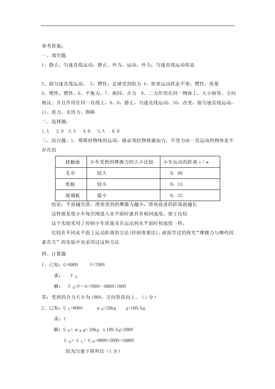 八年级物理下册第八章 运动和力复习试题（含答案）