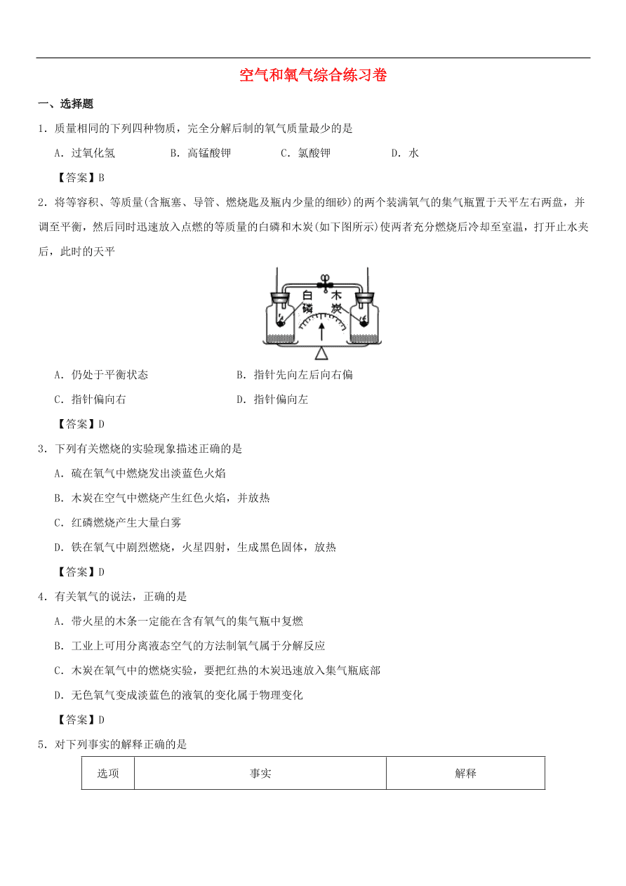 中考化学重要考点复习  空气和氧气综合练习卷