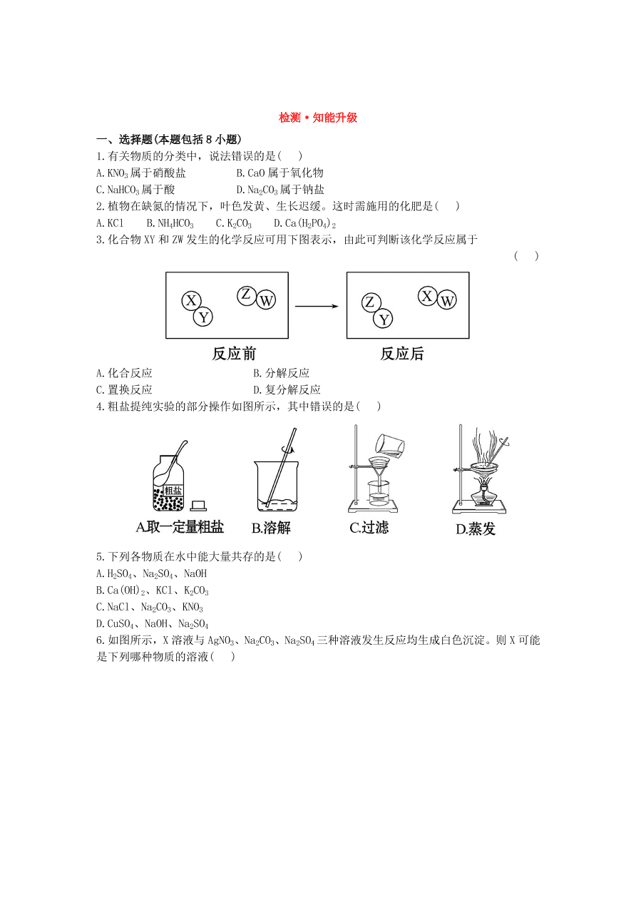 九年级化学下册单元检测试题——盐和肥