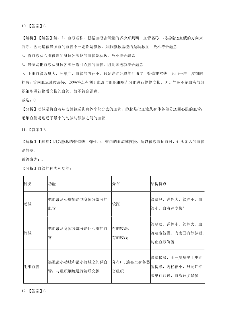 新人教版七年级生物下册第四单元第四章第二节血流的管道-血管  同步练习 （答案）