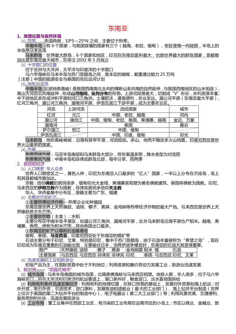 2020高三上学期地理备考重要知识点