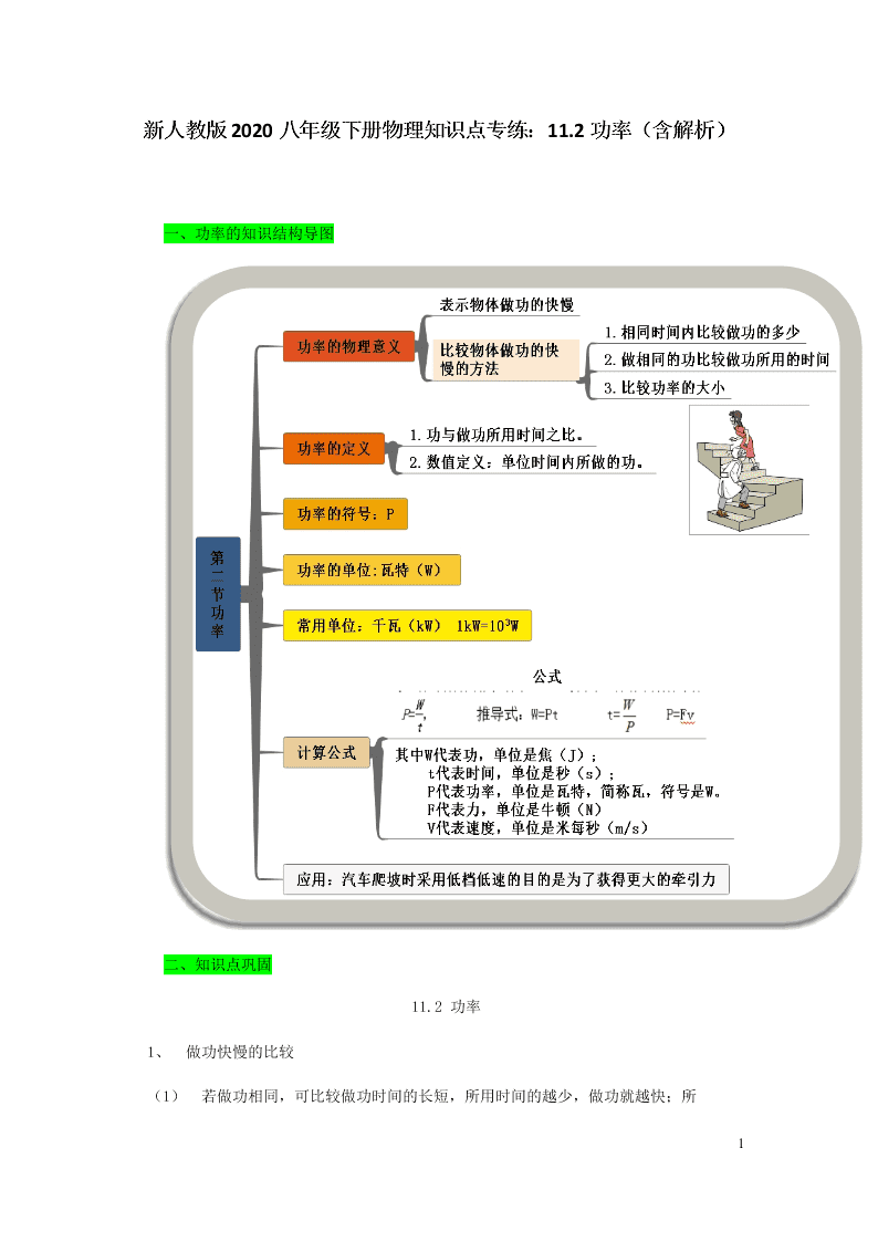 新人教版2020八年级下册物理知识点专练：11.2功率（含解析）