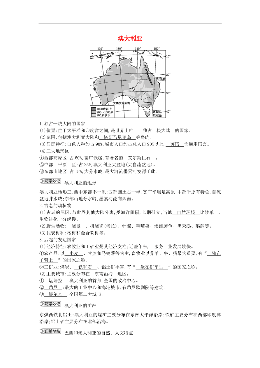 七年级地理下册第八章走进国家8.7澳大利亚知识点素材整理