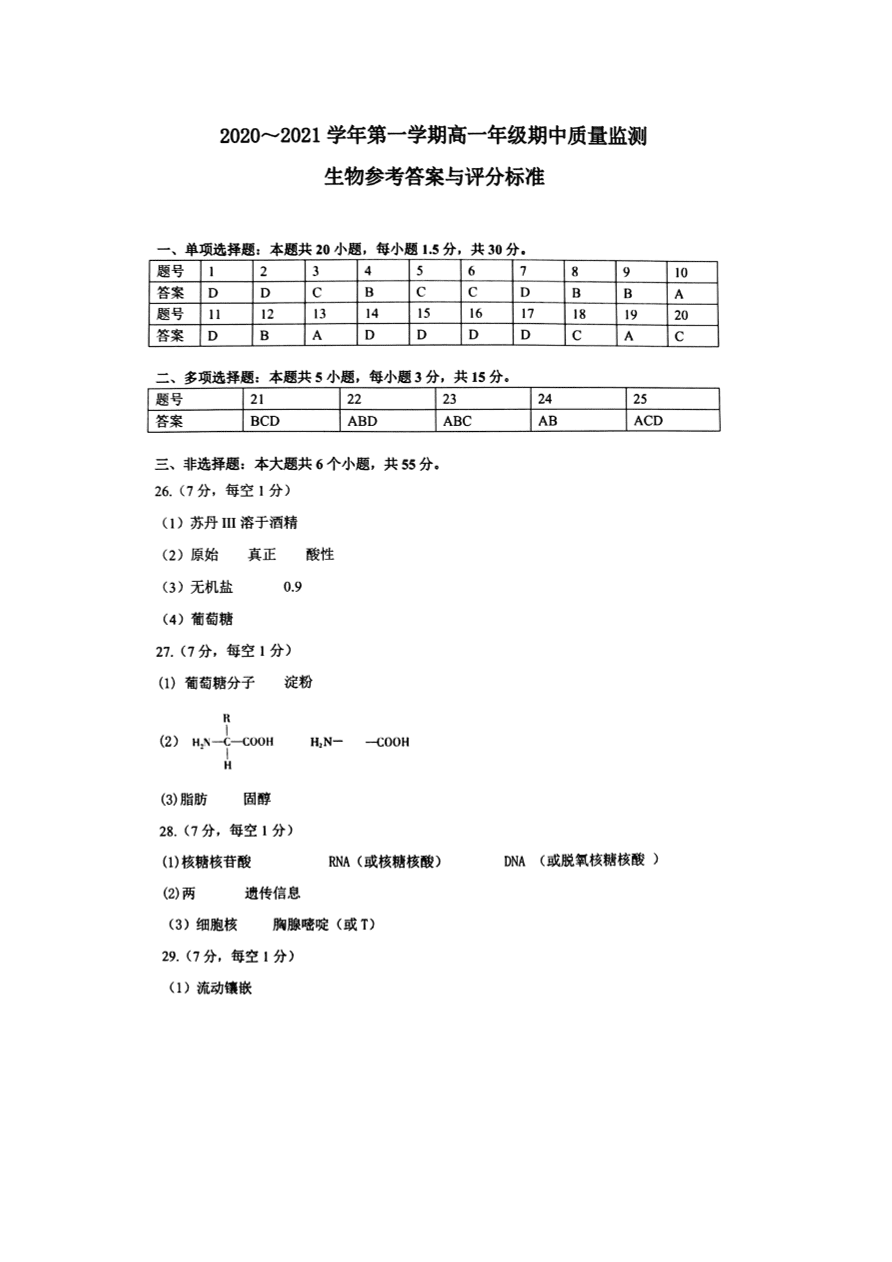 山西省太原市2020-2021高一生物上学期期中试题（Word版附答案）