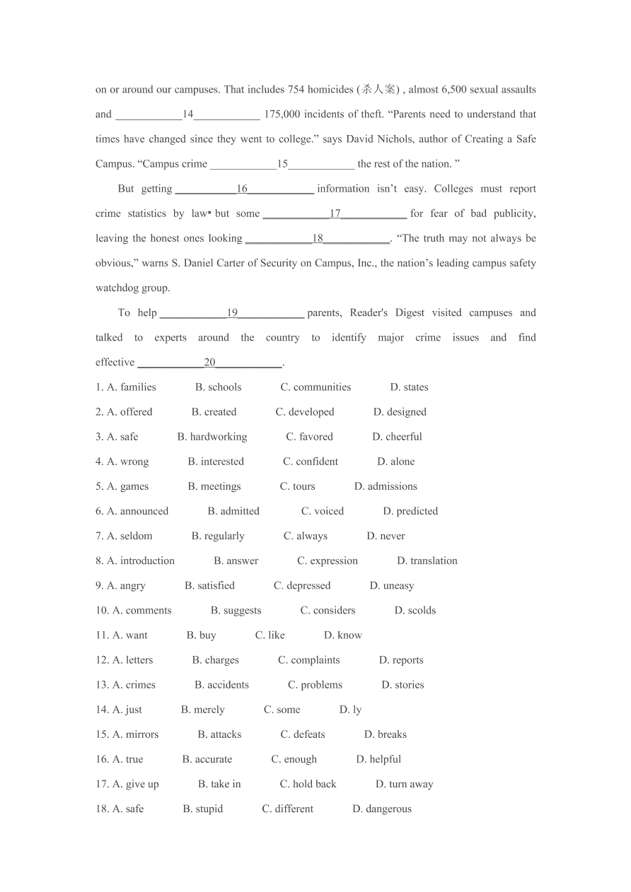 2020-2021年高考英語完形填空專練Chapter 7