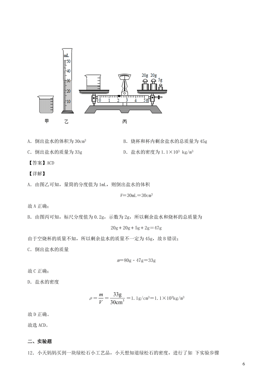 2020秋八年级物理上册6.3测量密度课时同步练习（附解析教科版）