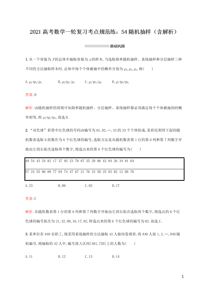 2021高考数学一轮复习考点规范练：54随机抽样（含解析）