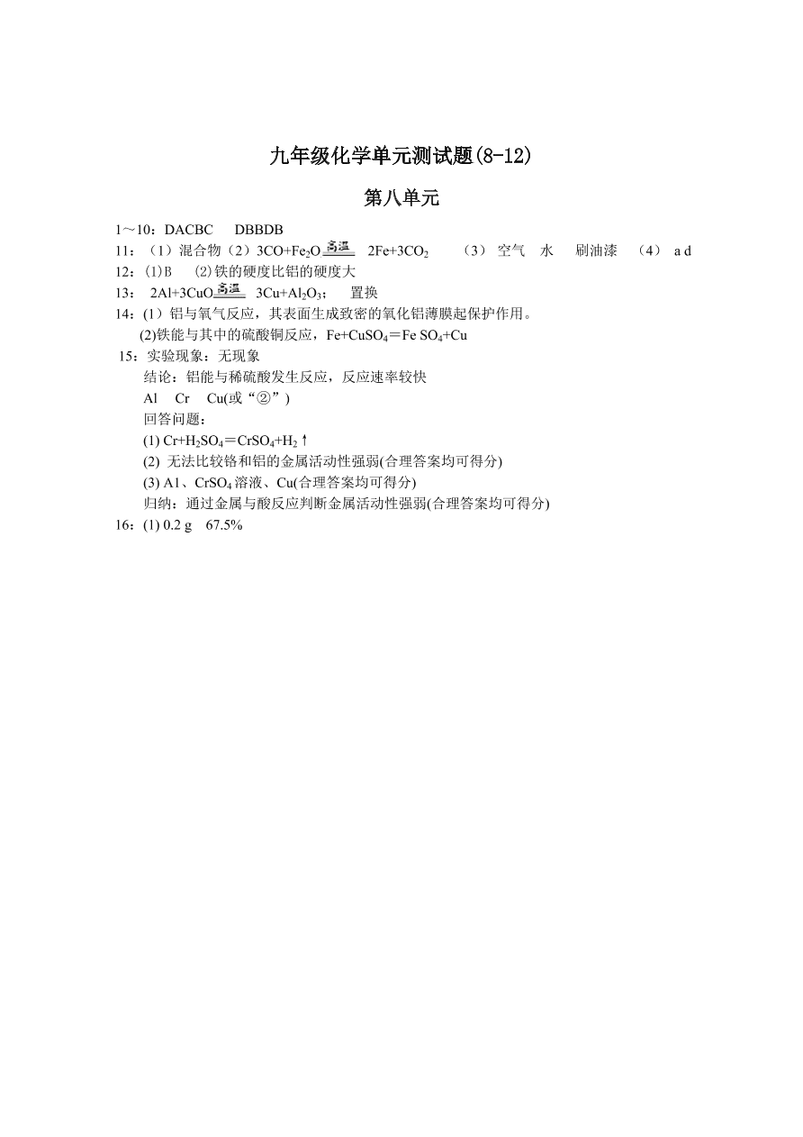 九年级化学下册 第8单元测试 