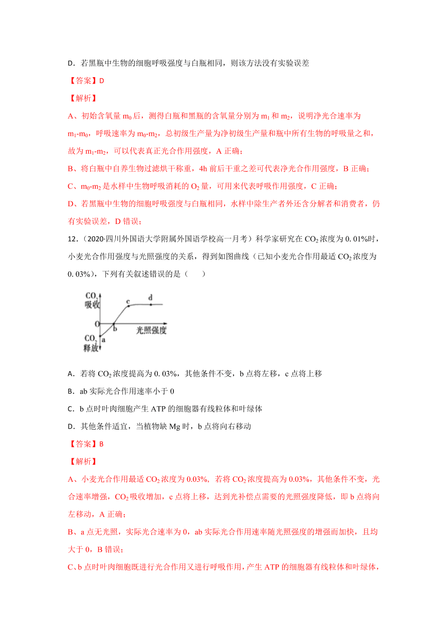 2020-2021学年高三生物一轮复习专题10 光合作用与呼吸作用综合（练）