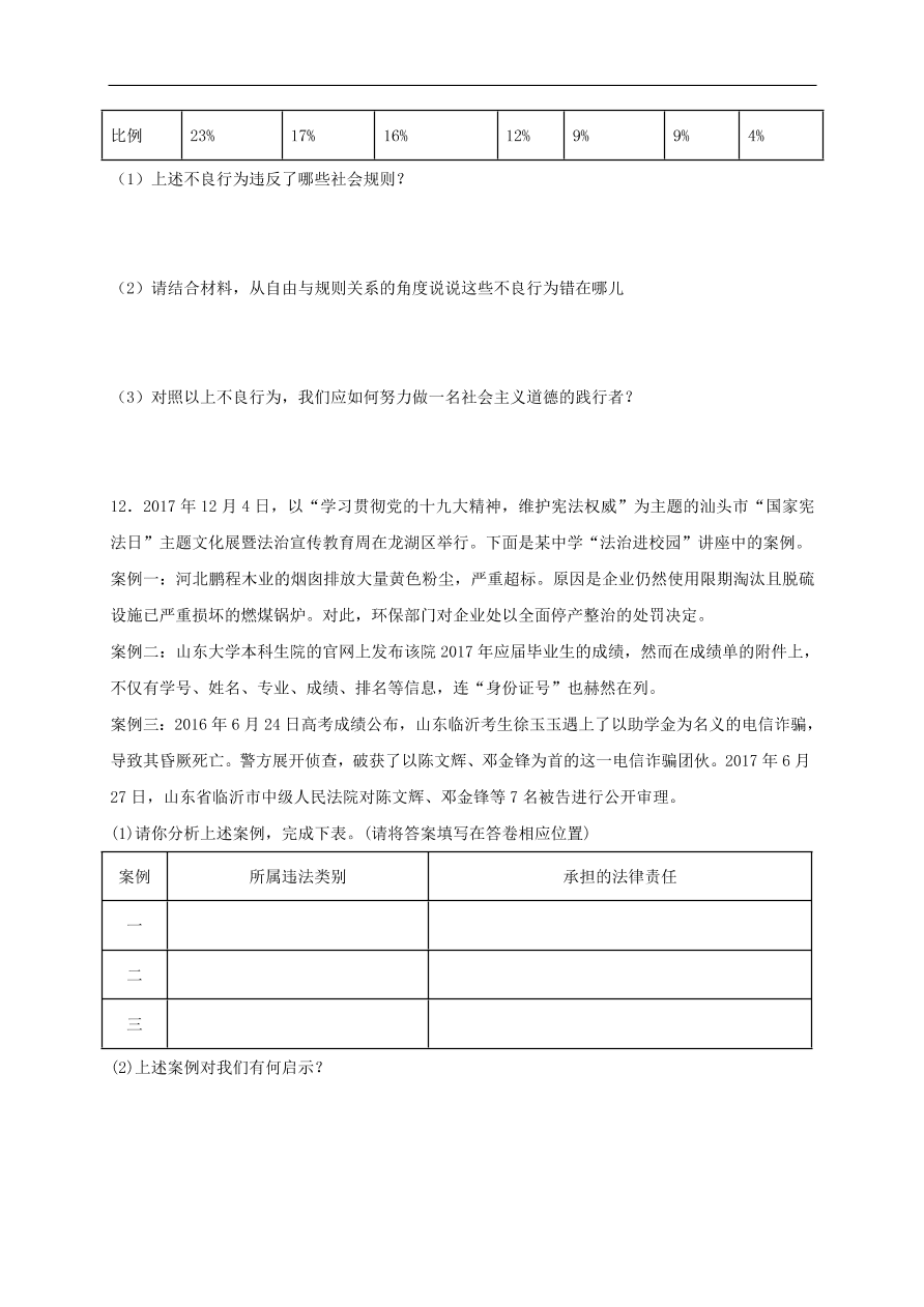 新人教版 八年级道德与法治上册 第三课社会生活离不开规则第2框遵守规则课时训练