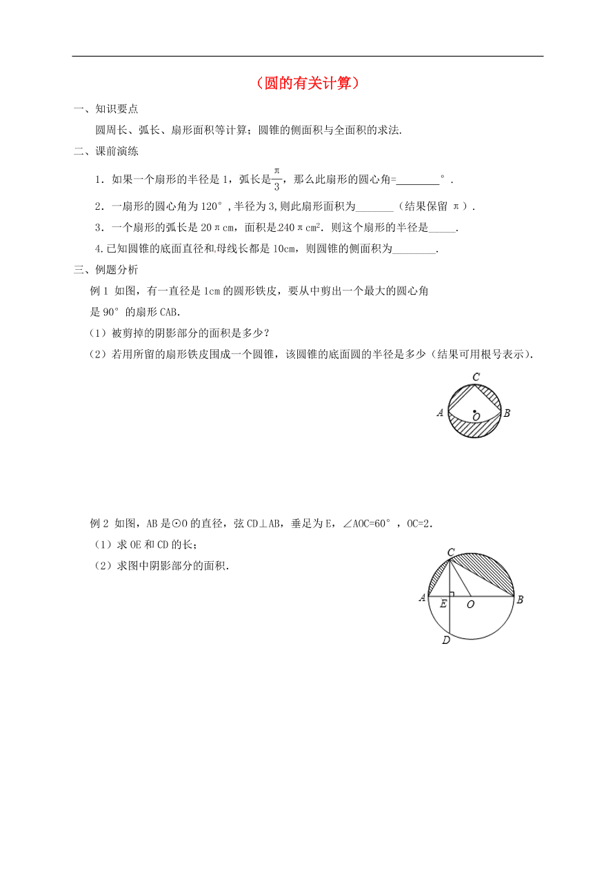 中考数学一轮复习 各知识点专题复习二十四 圆的有关计算练习题