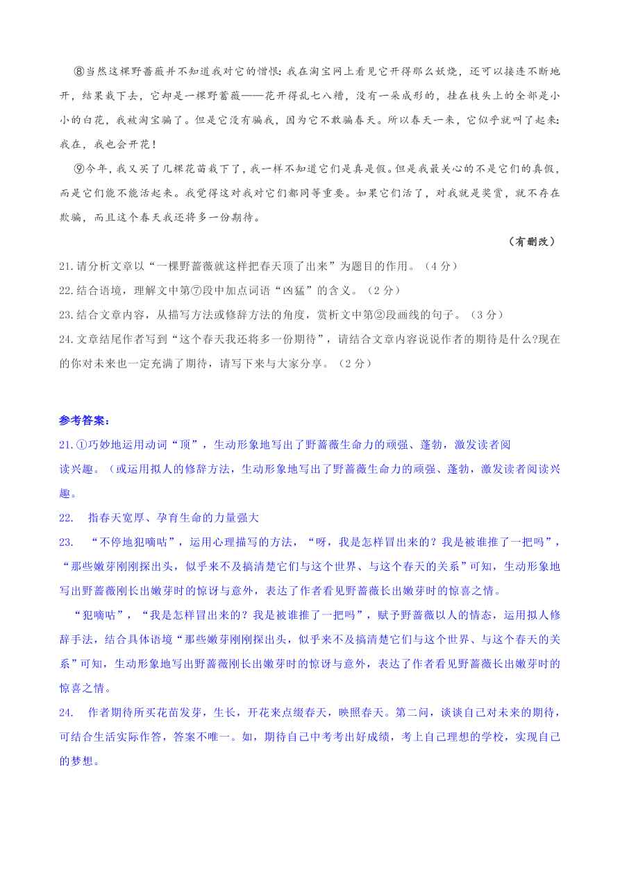 2020全国中考散文小说阅读3（含答案解析）