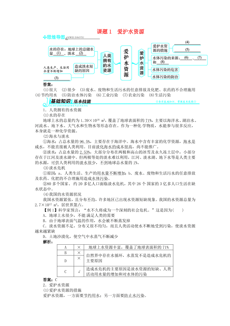  新人教版 九年级化学上册第四单元自然界的水课题1爱护水资源 习题 