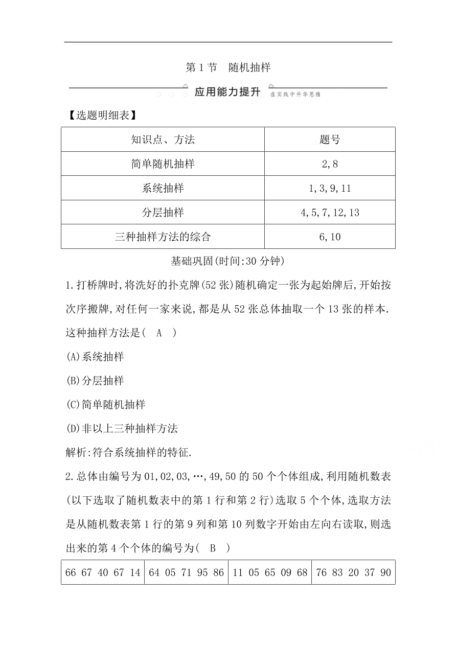 高中导与练一轮复习理科数学必修2习题 第九篇 统计与统计案例第1节 随机抽样 （含答案）