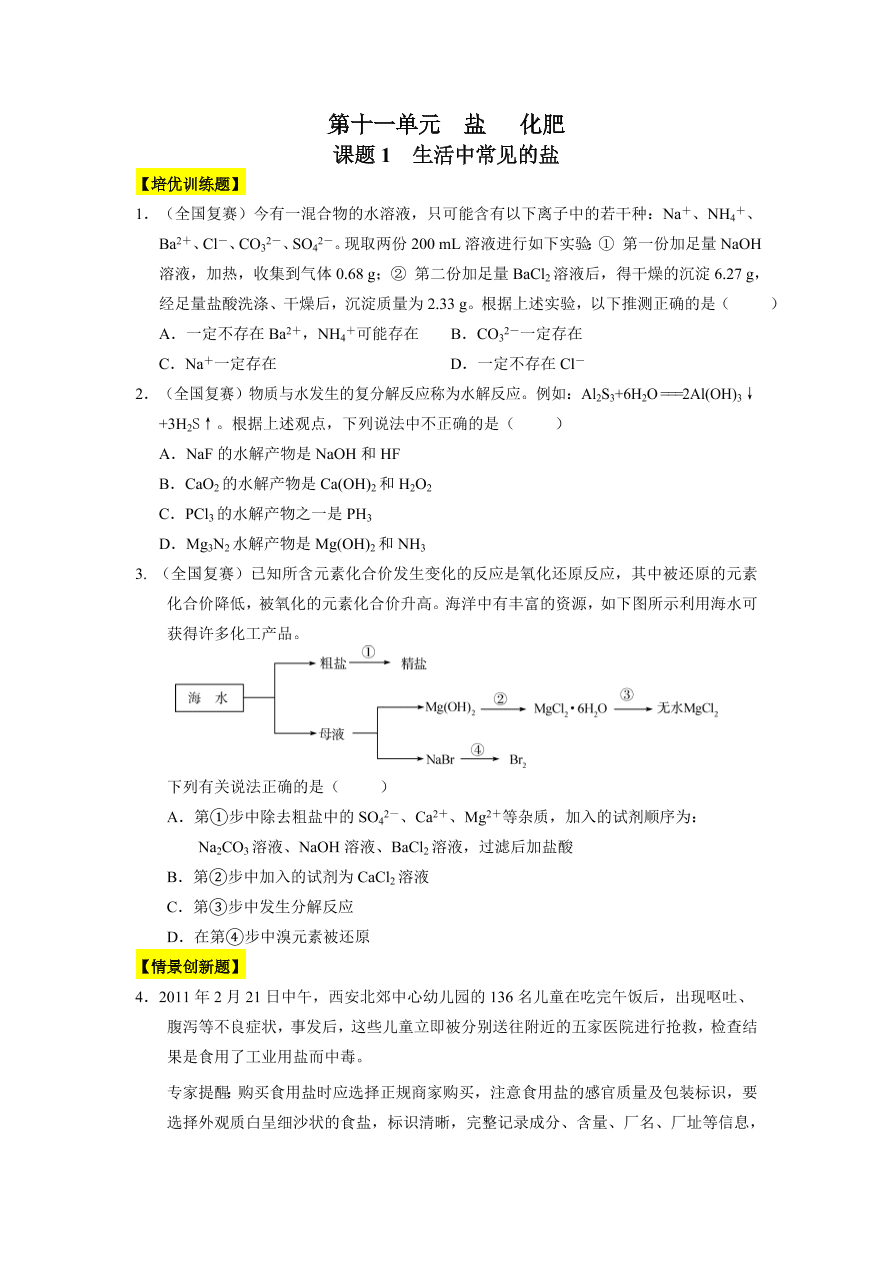 人教版 九年级化学下册第11单元 盐化肥