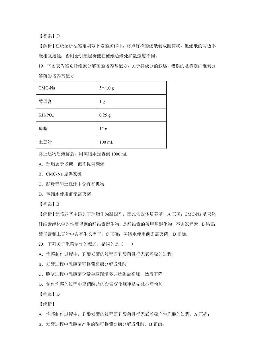 2020-2021学年高考生物精选考点突破专题16 传统发酵技术与微生物培养技术