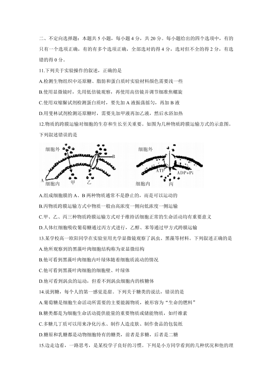 湖南省五市十校2020-2021高一生物12月联考试题（附答案Word版）