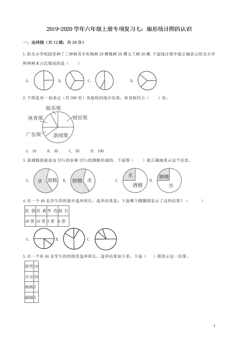 六年级数学上册专项复习七扇形统计图的认识试题（带解析新人教版）