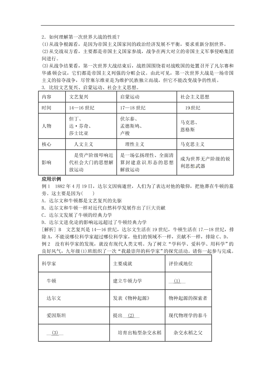 中考历史专题考点聚焦 第21课时-垄断资本主义时代的世界与璀璨的近代文化