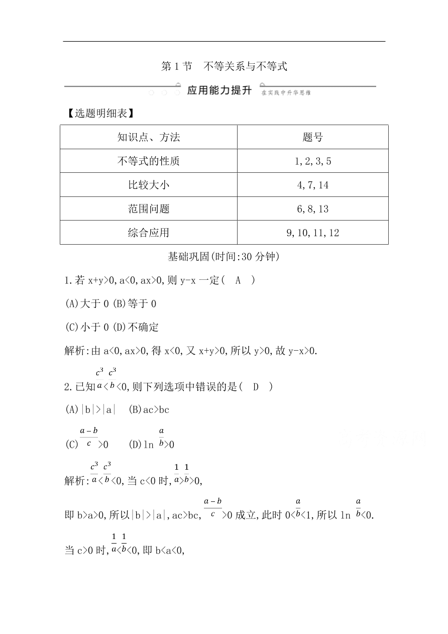 高中导与练一轮复习理科数学必修2习题 第六篇 不等式 第1节 不等关系与不等式（含答案）