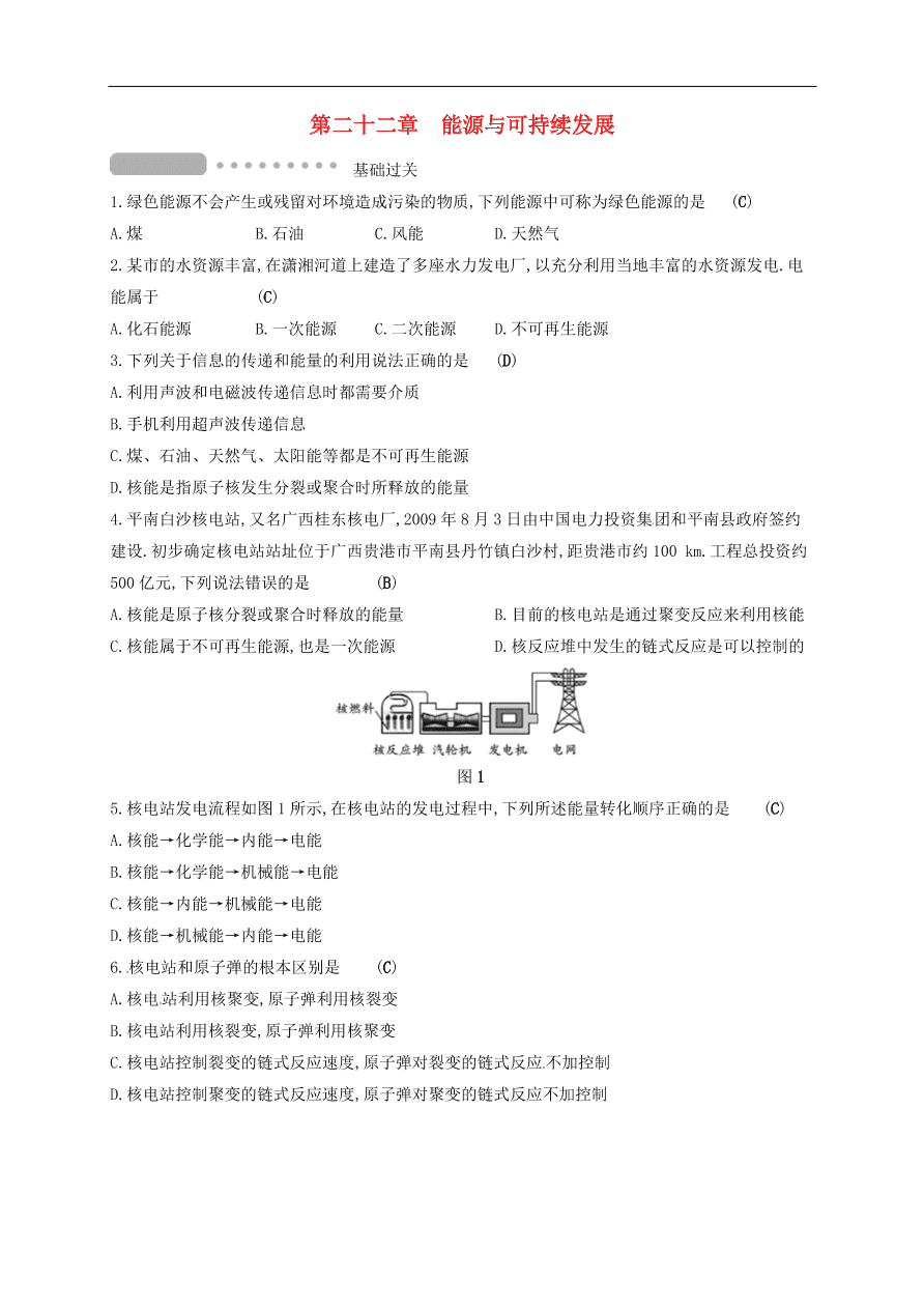  新人教版九年级中考物理  第二十二章 能源与可持续发展复习测试