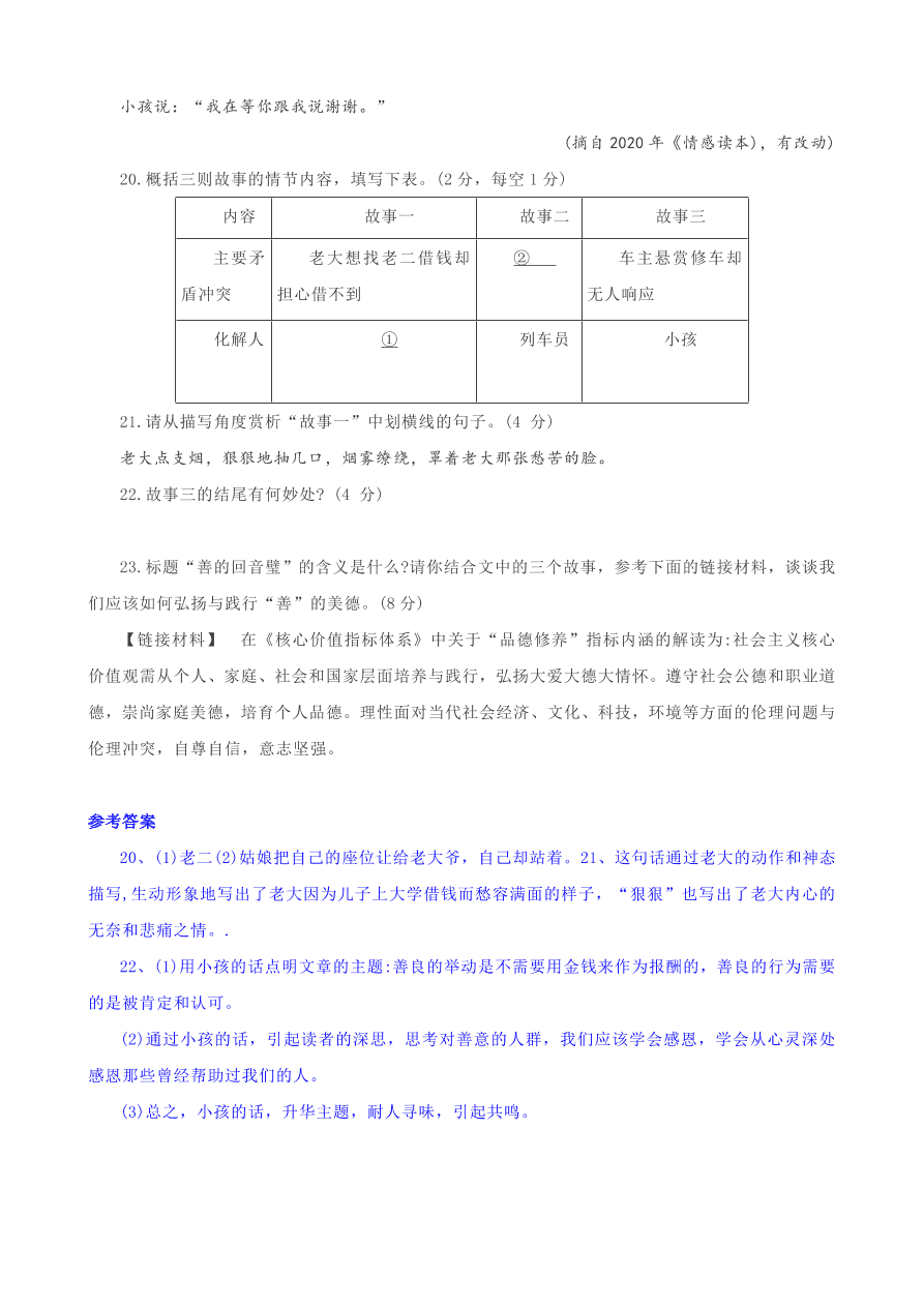 2020全国中考散文小说阅读4（含答案解析）