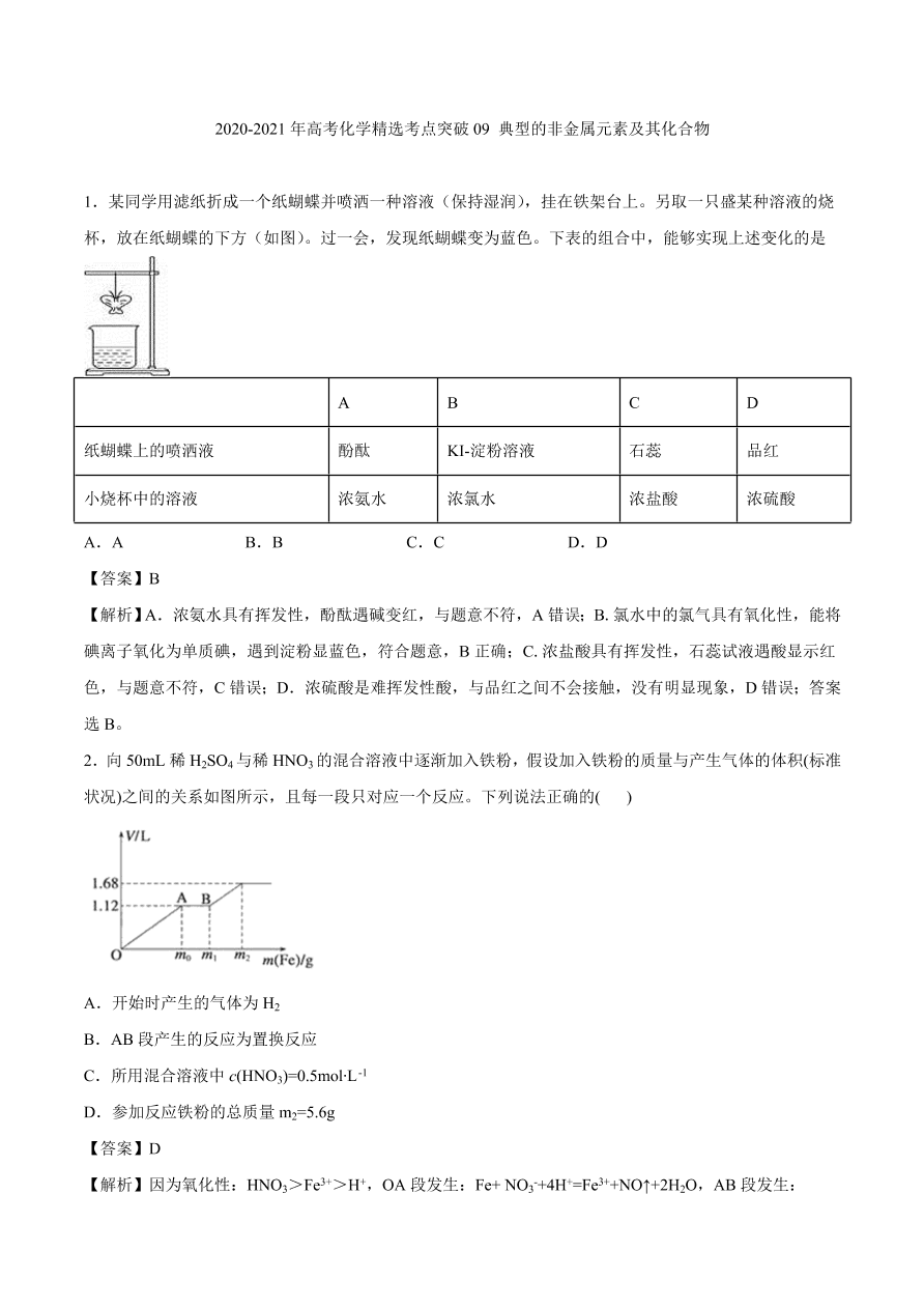 2020-2021年高考化学精选考点突破09 典型的非金属元素及其化合物