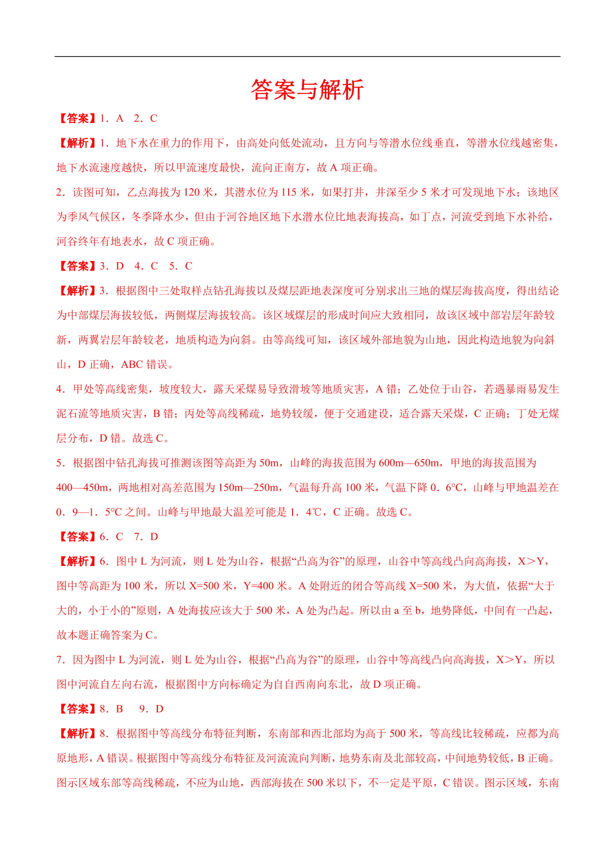 2020-2021年高考地理一轮复习精讲练习：等高线地形图