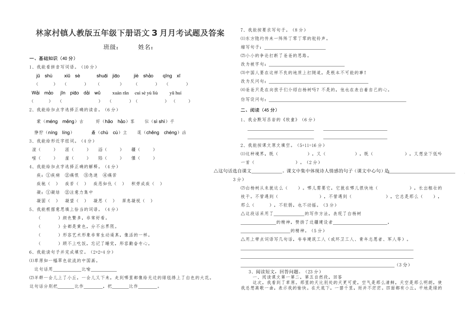 林家村镇人教版五年级下册语文3月月考试题及答案