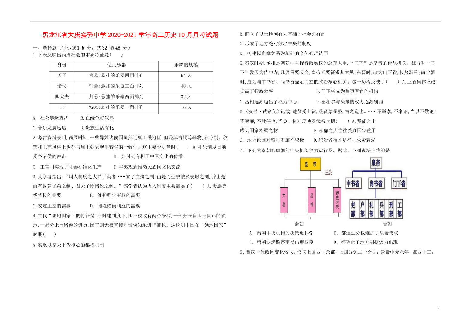 黑龙江省大庆实验中学2020-2021学年高二历史10月月考试题