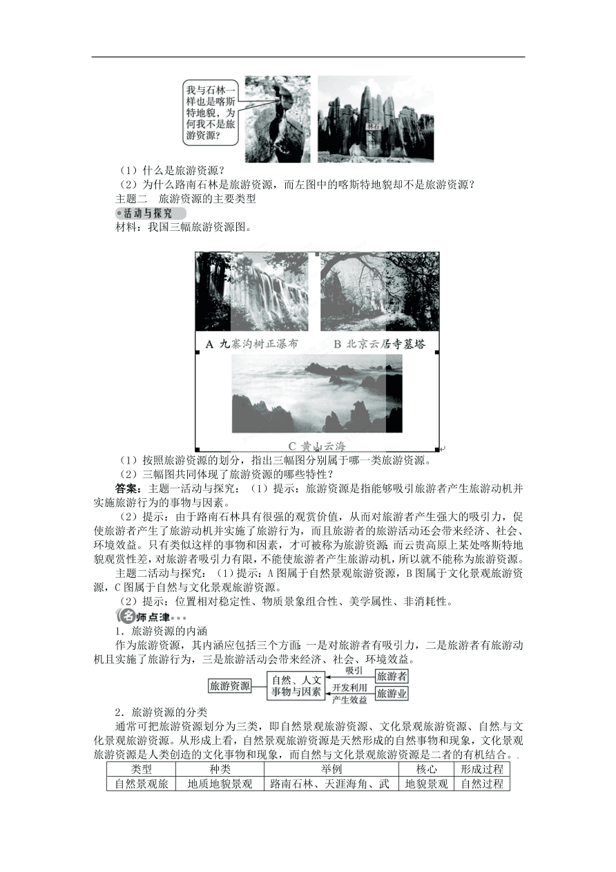 湘教版高中地理选修三《1.2旅游资源》课时同步练习及答案