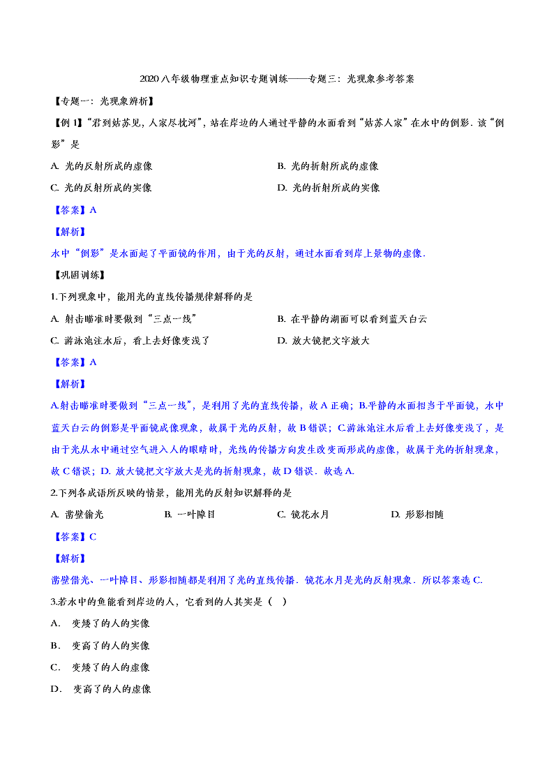 2020人教版初二物理重点知识专题训练：光现象