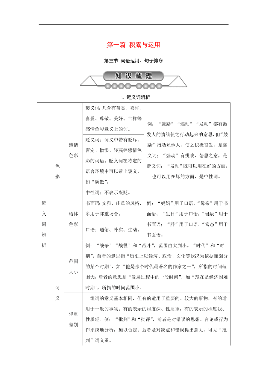 中考语文复习第一篇积累与运用第三节词语运用句子排序讲解